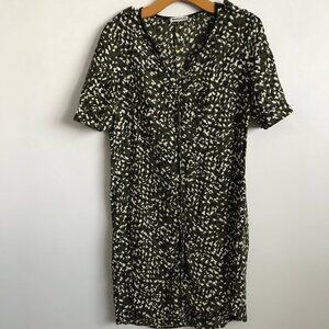 Whistles Silk Dress Floral Printted Green Black Ivory V NEck Button Womens 4
